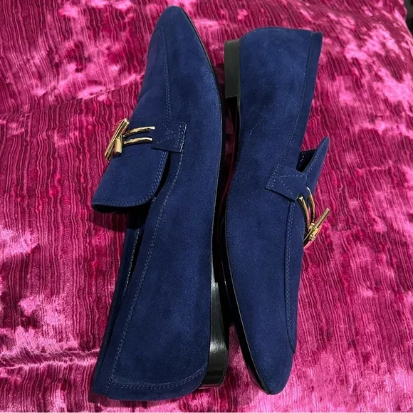 LOUIS VUITTON Authentic Ladies Blue Suede Logo Loafers Brass LV new not worn 41 - Picture 5 of 8
